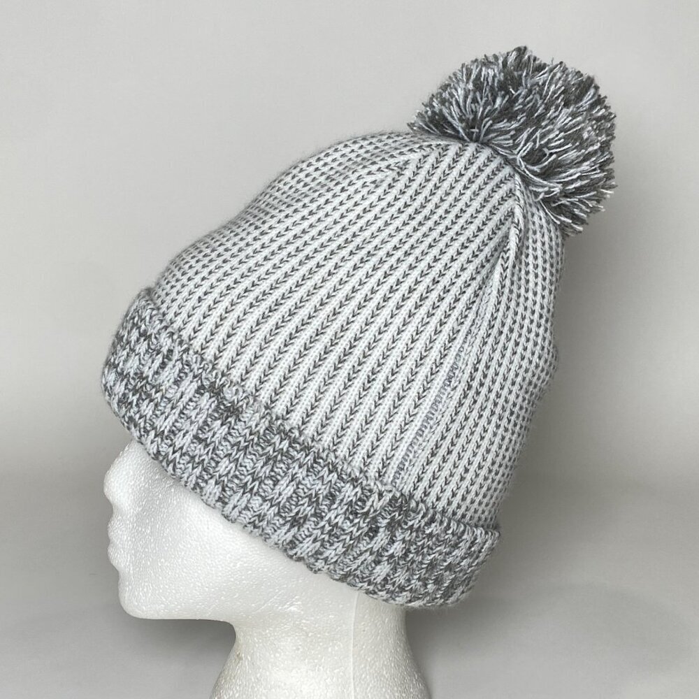 LL Bean Knit Beanie Pom Pom Hat Cap Gray Striped Lined One Size Fits All
